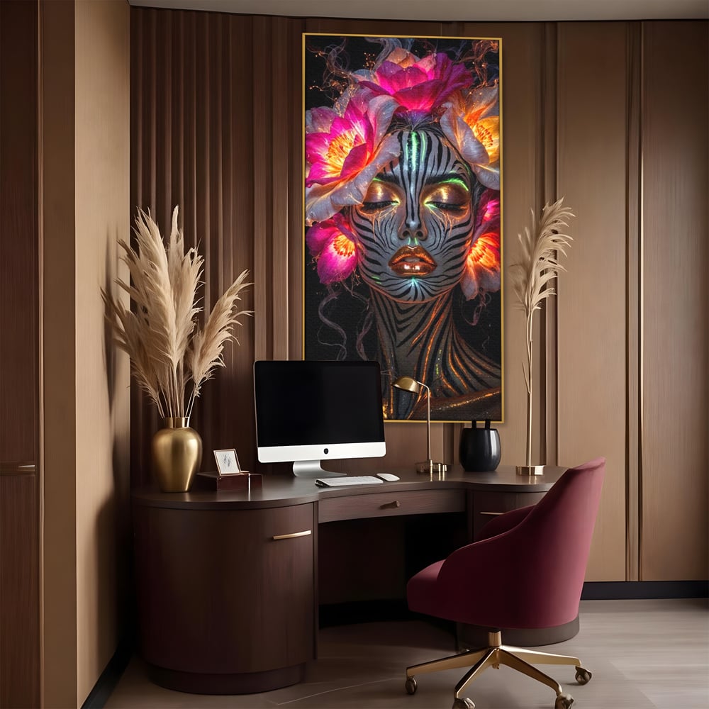 Tablou canvas cu tablou canvas cu femeie si flori neon, in rama de aluminiu auriu, pe perete intr-un birou
